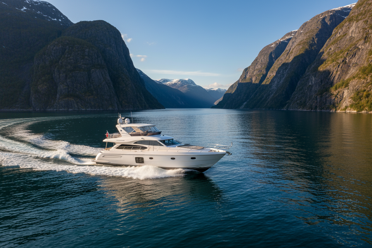 sunseeker 37 driving through a norwiagian fjord